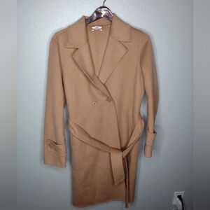 Kinross Cashmere Women's Belted Coat Medium Tan Peacoat Jacket Wool Blend